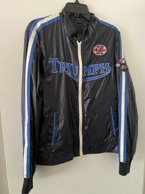 Lucky Brand Black Bomber Jacket with Blue & White Stripes